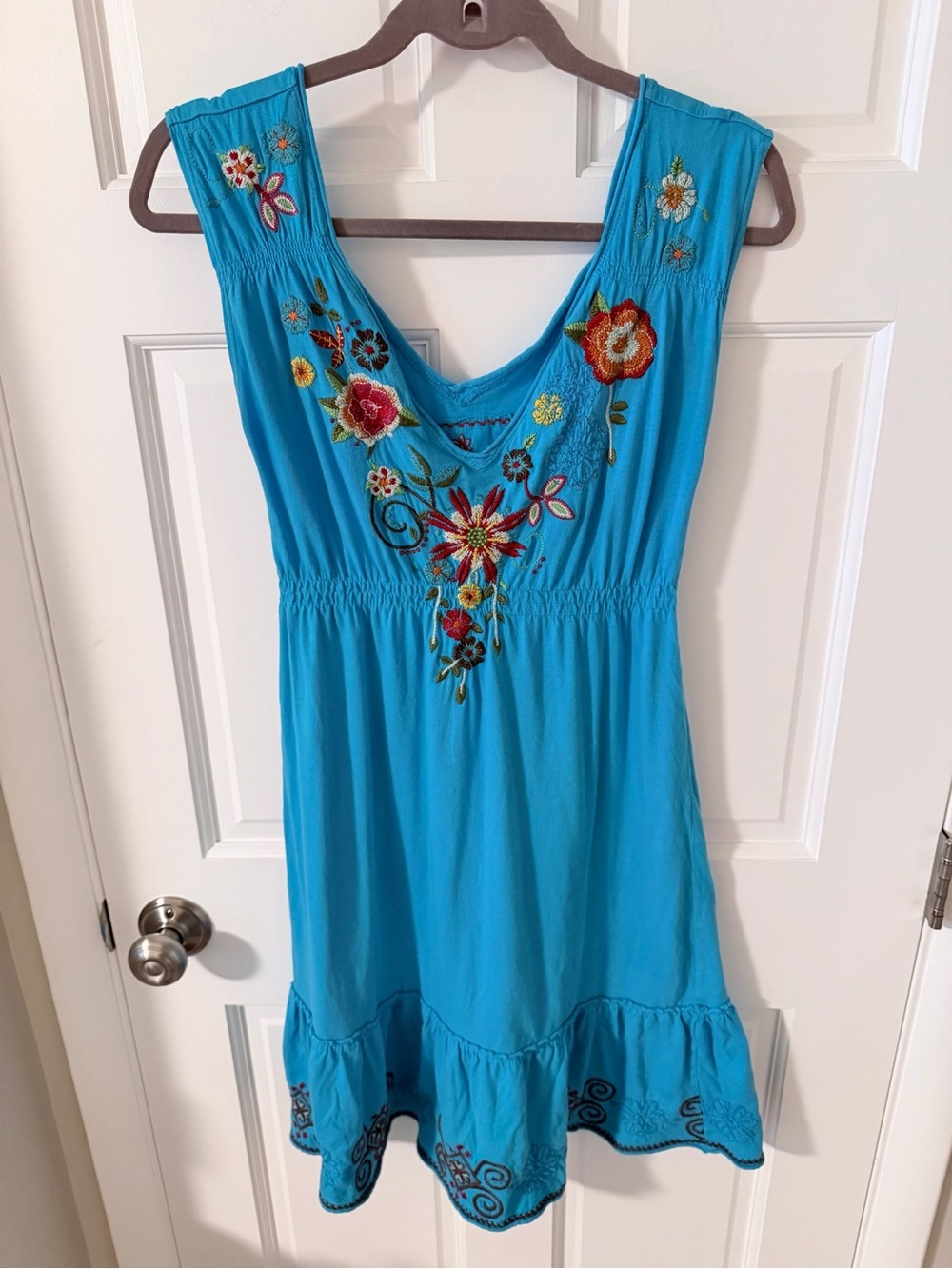 Johnny Was JWLA Turquoise Blue
Embroidered Floral Boho Ruffle Mini Dress Small